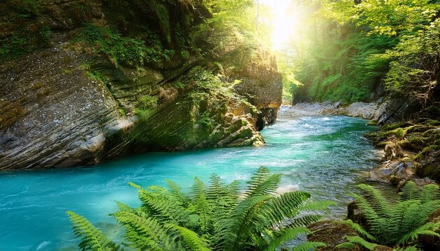 turquoise river flowing through rocky canyon with sunlight and fern - Powered by Adobe