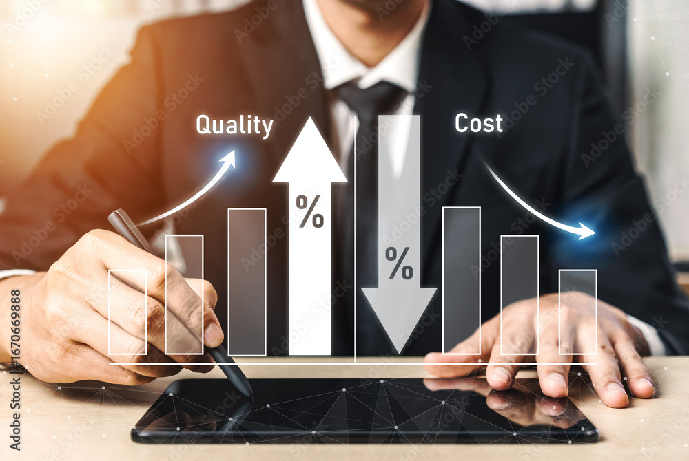 Poster increase quality and reduce cost represent quality, cost, and performance optimization for business 