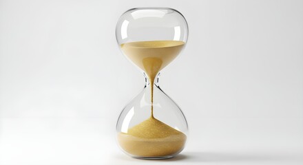 Glass hourglass with golden sand, isolated on white background