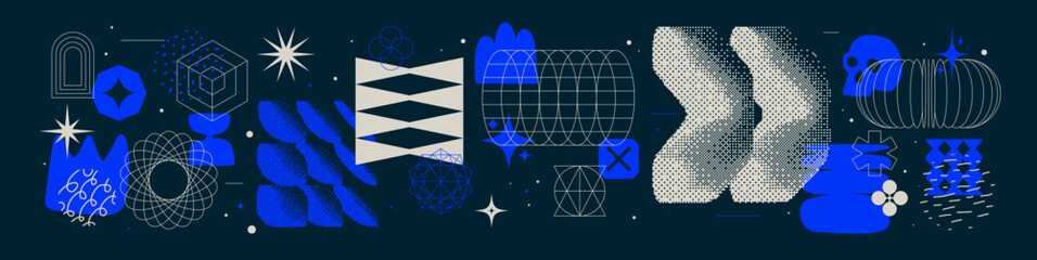 Collection of Universal trendy geometric bright bold shapes, minimalistic bizarre and brutalism abstract different elements, Vector  y2k aesthetic graphic assets, brutal and dithering symbols
