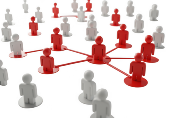 Red and white human figures connected by red lines representing a network isolated on transparent background