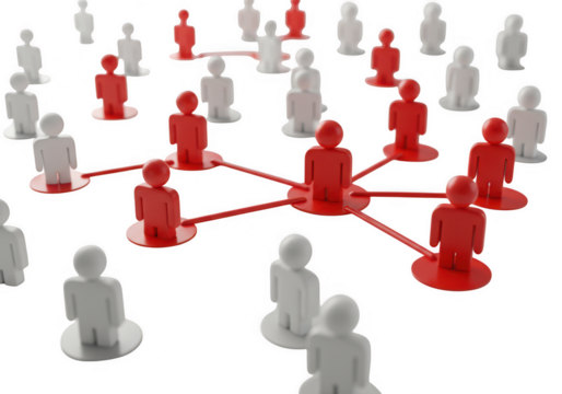 Red and white human figures connected by red lines representing a network isolated on transparent background