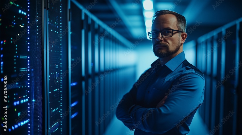 Poster man in server room. engineer pointing to a data management server. a poster with a center illustrati