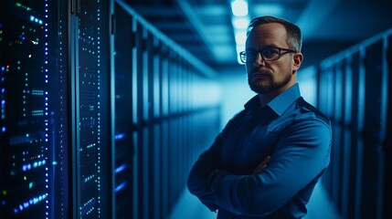 Man in server room. Engineer pointing to a data management server. A poster with a center illustration of cybersecurity banner data. An individual in lifestyle a data center.