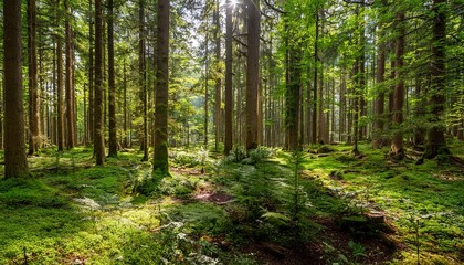 strolling through a lush forest filled with tall trees and vibrant greenery while sunlight creates beautiful patterns on the forest floor