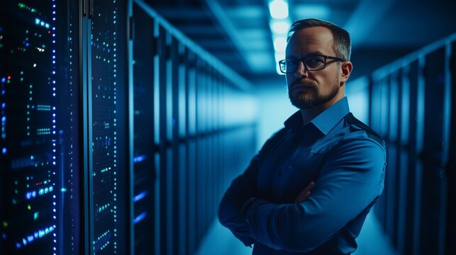 Man in server room. Engineer pointing to a data management server. A poster with a center illustration of cybersecurity banner data. An individual in lifestyle a data center.