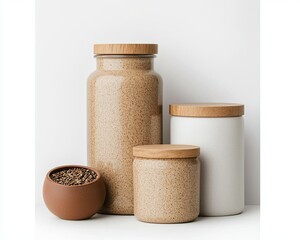 Mockup minimal trendy sophisticated visual concept, Elegant Kitchen Storage Jars with Wooden Lids and Natural Textures