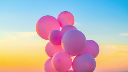Bunch of pink balloons against a sunset sky cluster