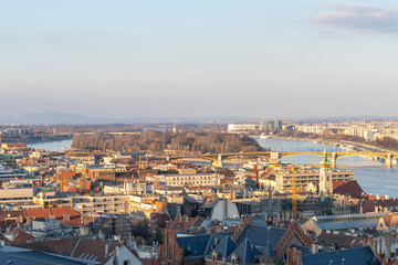 Budapest skyline in the afternoon sun with Margaret Island and the Danube