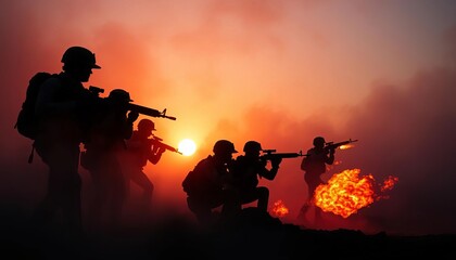 Silhouetted soldiers in foggy sunset, marines firing amidst smoke and fire,  military,  assault rifle