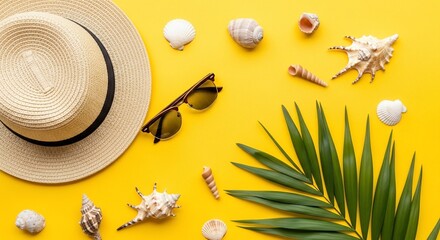 Summer essentials flat lay on a yellow background, vacation and travel theme