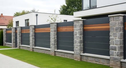 Obraz premium Contemporary fence design with concrete pillars and wooden accents.