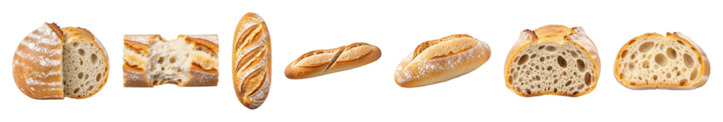 Bread set including whole baguettes, sliced loaves, and cut pieces isolated. Bakery ingredients and fresh baked goods collection.