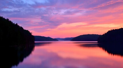 Naklejka premium A serene lake reflects a vibrant sunset with hues of pink and purple, framed by dark silhouettes of forest-covered hills.