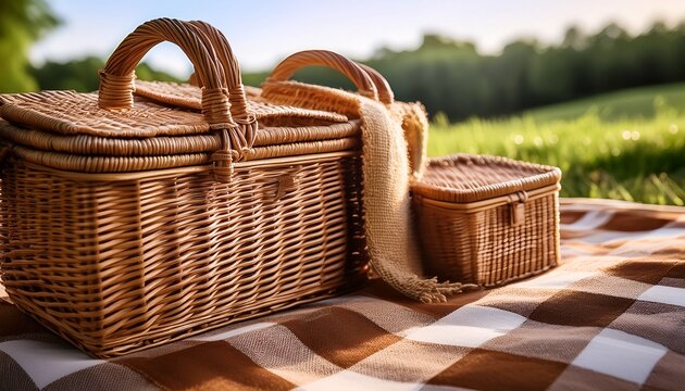 close up of picnic blanket textures with woven baskets nature inspired aesthetic - Powered by Adobe