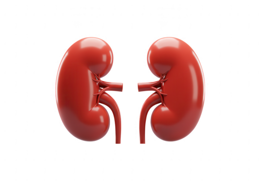 Realistic 3d rendering of two healthy human kidneys with visible ureters isolated on transparent background