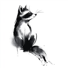 Minimal black ink raccoon sketch and silhouette logo with tattoo nature design.