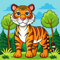 cartoon tiger with colorful forest background