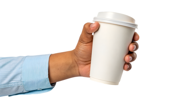 hand holding a cup of coffee isolated on transparent background 