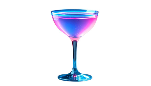 Unique neon cocktail glass with glowing liquid isolated on transparent background