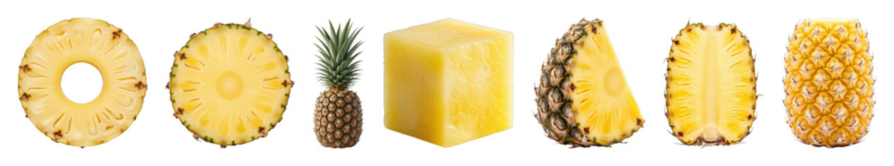 Pineapple set including whole, ring slice, cross-section, half, cube, and peeled forms isolated. Healthy tropical fruit collection.