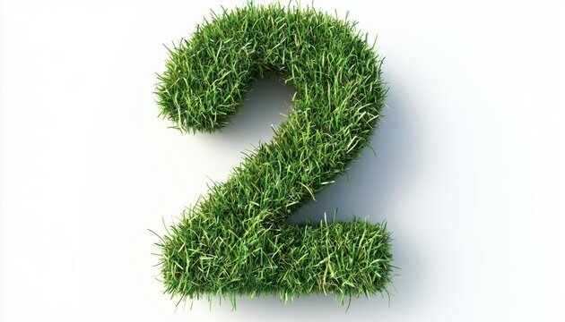 White Eco Grass Number 2 Design On White Background With A Pop Of Fresh Green Grass. Simple Yet Eye-Catching Concept.