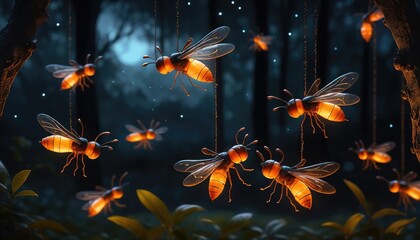 Enchanted forest with glowing firefly lanterns at night