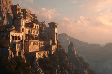 Ancient stone city nestled on a cliffside bathed in golden sunset light, evoking a sense of wonder and timeless beauty