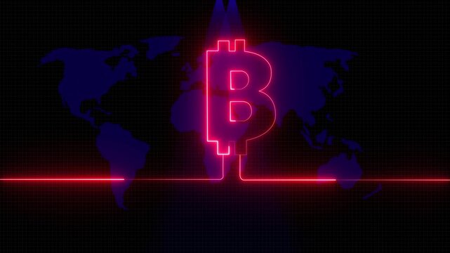 Glowing Bitcoin symbol over world digital map. Futuristic cryptocurrency, blockchain, global finance, and digital technology animation. rotates over world map on background. 