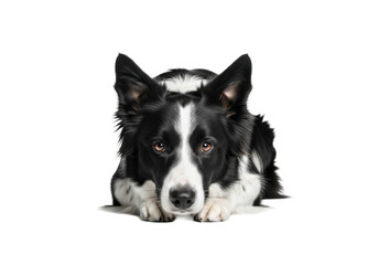 Fototapeta premium Black and white Border Collie in low coiled crouch, intensely focused, on transparent studio background with copy space, high-key light, concept of canine intelligence and athleticism