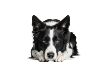 Black and white Border Collie in low coiled crouch, intensely focused, on transparent studio background with copy space, high-key light, concept of canine intelligence and athleticism