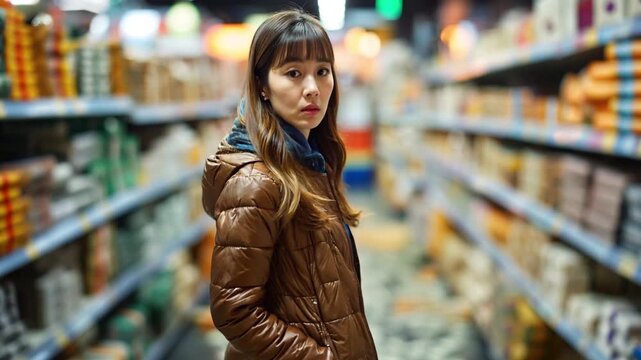 Asian woman looking back in supermarket aisle animation video. Korean female grocery customer turning animated footage clip seamless HD motion graphics. Daily shopping concept