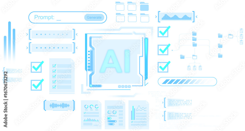 Aufkleber artificial intelligence interface drawing showing progress bars, charts, folders, and documents in i
