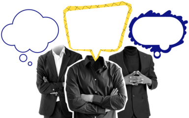 Businessmen with no heads shown in drawing style, each wearing suits, isolated on white background with colorful speech and thought bubbles, concept of communication