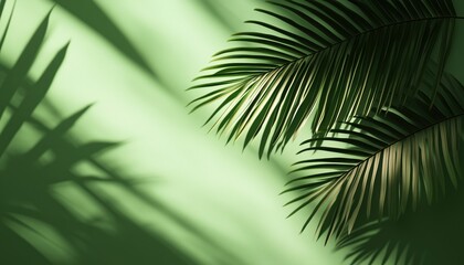 Obraz premium Stylish Olive Palm Leaf Casts Trendy Shadow On Green Wall With Sunlight - A Chic And Modern Decor Idea For Any Space.