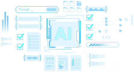 Artificial intelligence interface drawing showing progress bars, charts, folders, and documents in isolated style on white background, concept of automation