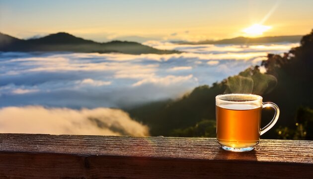 steaming cup of tea rests on a wooden railing with clouds rolling beneath in early morning light