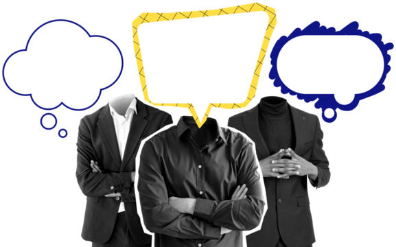 Businessmen with no heads shown in drawing style, each wearing suits, isolated on white background with colorful speech and thought bubbles, concept of communication