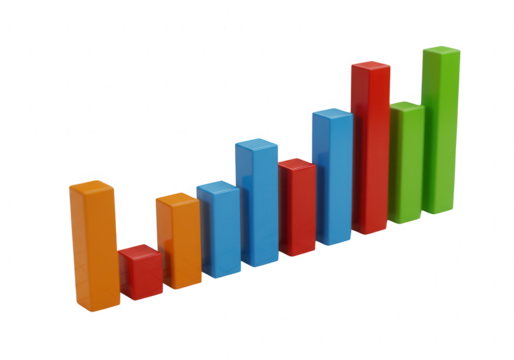 Colorful building blocks arranged in an upward trend graph isolated on transparent background