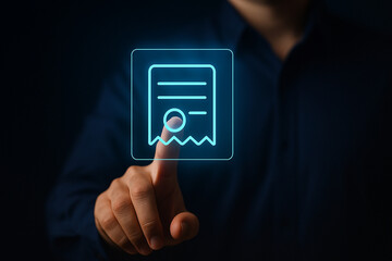 Professional futuristic receipt icon digital touch interface concept with neon glowing design for technology business finance and commercial applications