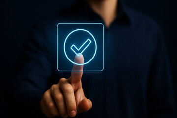 Professional high-quality futuristic digital checkmark icon touch interface concept for business technology websites presentations marketing design backgrounds graphics