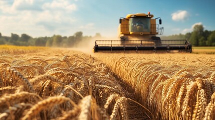 Combine harvester in wheat field. A harvester harvests ripe fruit from a combine. Generative tools for agriculture and agriculturists. A harvesting machine in lifestyle a wheat field.