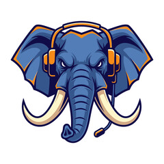 Elephant Gaming Mascot: An illustrated elephant head, a bold symbol of power, and focus, decked out in gamer headphones with a mic