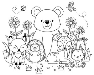 Obraz premium Forest Animals Svg. Cute and friendly cartoon forest animals in a meadow, a sweet line art illustration perfect for children's books, nursery designs, and coloring pages.