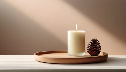 minimalist candle and pinecone on tray with neutral background