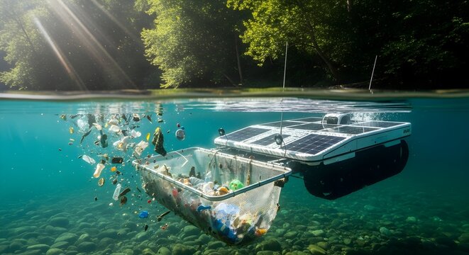 Floating solar-powered robot cleans plastic waste from pristine lake water with sunlight