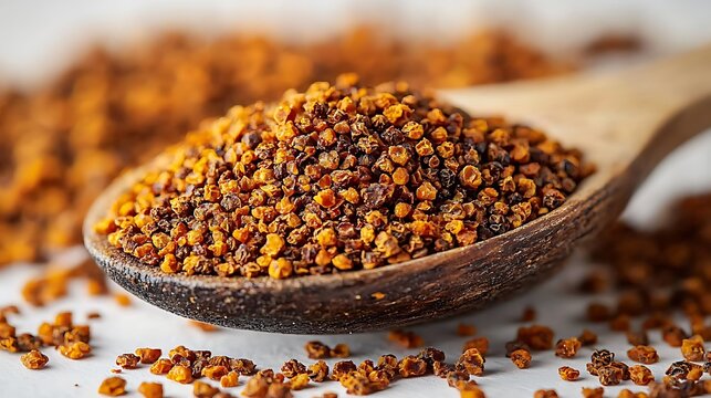 Dried sea buckthorn berries scoop in a wooden spoon closeup photo for health and nutrition