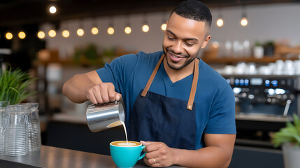 African American man in blue shirt and apron is pouring latte art into a turquoise cup at a modern coffee shop, showcasing barista skills and customer service in a vibrant atmosphere