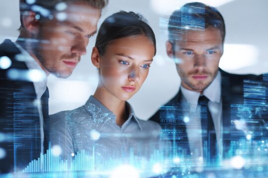 Business team analyzing holographic data and futuristic user interface