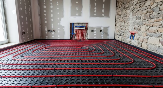 Red pipes for underfloor heating system installed on black panels radiant heating